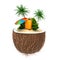 Vacation concept. Palm tree, suitcase and an umbrella