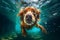 vacation dog puppy snorkeling pool water underwater funny swimming fun. Generative AI.
