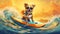 vacation dog wave animal surfer beach funny ocean puppy summer. Generative AI.