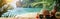 Vacation Essentials on Wooden Table with Ocean and Palm Trees in Background - Tropical Paradise Close Up