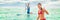 Vacation fun summer sport activity leisure beach watersport couple paddleboarding in ocean banner panorama. Paddleboard