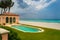 Vacation home or hotel holiday villa exterior. Luxury beach house with sea view, swimming pool and terrace in vintage