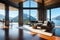 Vacation lake luxury mountain house livingroom vocational airbnb with mountains landscape view and com, table chair. Generative AI