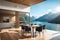 Vacation lake luxury mountain house livingroom vocational airbnb with mountains landscape view and com, table chair. Generative AI