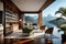 Vacation lake luxury mountain house livingroom vocational airbnb with mountains landscape view and com, table chair. Generative AI