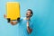 Vacation man studio trip travel weekend suitcase baggage yellow journey happy traveler background guy flight