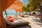 Vacation opulence beach canopies at a resort, luxury background