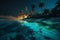 vacation paradise night ocean tropical tree luminous beach sky palm blue. Generative AI.