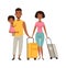 Vacation people with suitcases, family goes on vacation. Cartoon afroamerican characters mom dad daughter vector