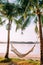 Vacation Relaxation hammock hanging from coconut trees on beach