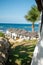 Vacation resorts on Cyprus near Paprhos with green grass, beach umbrellas, beds, beaches and palm trees, travel destination in EU