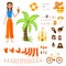 Vacation set of female characters. Girl with holiday attributes on a white background. Vector illustration