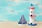 Vacation and summer concept with vintage boat and lighthouse over wooden table or shelf infront of pastel blue background