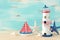 Vacation and summer concept with vintage boat, starfish, lighthouse and seashells over wooden table or shelf infront of pastel