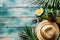 Vacation summer holiday travel tropical ocean sea banner panorama greeting card - straw hat, sunglasses pineapple and palm tree