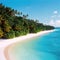 Vacation tourists to the islands in the ocean on tropical beaches with a beautiful beach and tall palm trees along the shore. AI