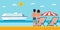 Vacation and travel. Cartoon young couple by the sea looking at a cruise ship.