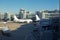 Vacation travel, multiple aircraft, apron, construction vehicles,