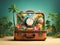 Vacation travel time. An open travel suitcase with a miniature exotic destination inside.