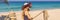 Vacation on tropical island. Woman in hat enjoying sea view from wooden bridge BANNER, LONG FORMAT