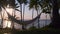 Vacation in tropics. Empty hammock and sea at sunset