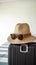 Vacation vibes retro hat with sunglasses and luggage on white