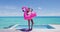 Vacation Woman in bikini and inflatable pink flamingo toy mattress float by pool
