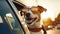 Vacationing Pooch Funny Jack Russell Terrier Dog with Shades and Leash Embarks on Summer Road Trip - Generative AI