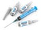 Vaccination against sars virus, coronavirus. Syringe for injecting vaccine and ampoule with the drug. Infection pneumonia