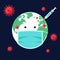 Vaccination COVID-19 concept decorative with the world wearing face mask and vaccine syringe flat design style
