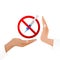 Vaccination or drugs refusal concept. A syringe on the hand in a prohibitory sign and a hand expressing protest.