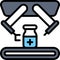 Vaccine bottle on factory belt icon, Vaccine Development related vector