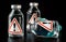 Vaccine bottles with red triangle exclamation mark sign on label, black background