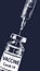 Vaccine Covid-19 syringe and vial medicine bottle vector drawing vertical banner, White drawing on dark blue background