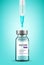 Vaccine glass vial with needle of plastic syringe