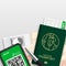 Vaccine passport covid-19 with logo bottle, syringe, global network, Smartphone with E Boarding pass, Business class, Vaccination