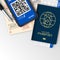 Vaccine passport covid-19 with logo bottle, syringe, global network, Smartphone with E Boarding pass, First class, Vaccination