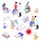 Vaccine reserch isometric icons set. Covid vaccination icons representing stages of vaccine development with laboratory