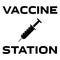 VACCINE STATION text and Syringe black icon isolated on white background, Medicine injection equipment symbol.