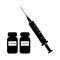 Vaccine with Syringe. Black and white pictogram illustration depicting medical vaccine and syringe. EPS Vector