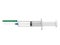 Vaccine syringe with blue needle and green needle cap - side view