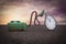 Vacuum Cleaner sucking Pocket watch at sunset magenta day demonstrating losing time concept. 3D Illustration.