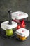 Vacuum containers with pump and valve. For food storage. A set of three. Square shape. Food grade plastic material. Dark