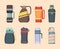 Vacuum flask. Steel mug and thermos for water or liquids containers bottles for coffee and food vector flat pictures