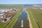 vAerial from freighter and sailing boats at the Prinses Margriet lock near Lemmer in Friesland the Netherlands