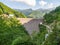 Vagli Sotto landscape view with dam on Lago ie Lake Vagli, Garfagnana, Italy. Built to provide hydroelectric power, it