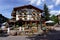 Vail, Colorado, USA - September 1, 2018 - Beautiful bavarian style building and Children`s Fountain in Gore Creek Dr, hosting famo