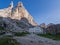 Vajolet mountain hut at sunset, Rosengarten, Dolomites, Italy