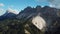 Val di Funes, Italy, Dolomites. Aerial footage in autumn mountains.