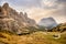 Val Gardena Pass, Passo Gardena, 2121m, left Sella Group with Murfreitspitze, Trentino Alto Adige, Italy